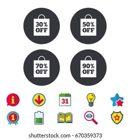 Sale bag tag icons. Discount special offer symbols. 30%, 50%, 70% and 90% percent off signs. Calendar, Information and Download signs. Stars, Award and Book icons. Light bulb, Shield and Search