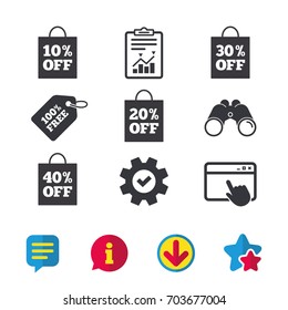 Sale bag tag icons. Discount special offer symbols. 10%, 20%, 30% and 40% percent off signs. Browser window, Report and Service signs. Binoculars, Information and Download icons. Stars and Chat