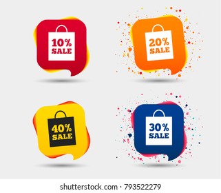 Sale bag tag icons. Discount special offer symbols. 10%, 20%, 30% and 40% percent sale signs. Speech bubbles or chat symbols. Colored elements. Vector