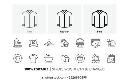 Venta de bolsas, ropa y cinturón de equipaje iconos de línea. Paquete de baño, moda lenta, sin icono de bolso. Camiseta, camiseta, pictograma de cinta de descuentos. Sillón, billetera, compras en línea. Iconos de línea. Vector