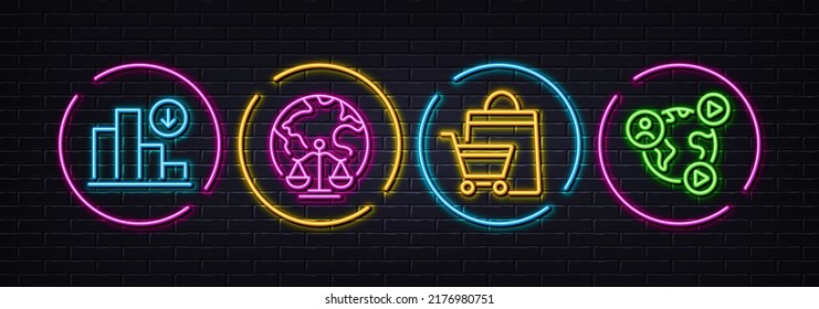 Sale bags, Decreasing graph and Magistrates court minimal line icons. Neon laser 3d lights. Video conference icons. For web, application, printing. Vector