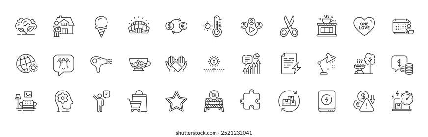 Sale bags, Power bank and Brain working line icons. Pack of Delivery change, Sports stadium, Kpi icon. Cut, Ice cream, Weather thermometer pictogram. One love, Hair dryer, Star. Line icons. Vector