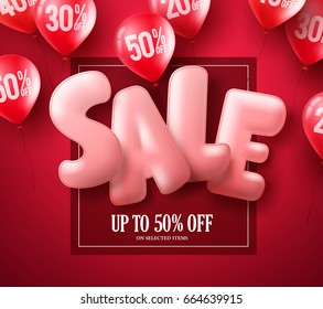 Sale balloon text 3D vector banner design with red balloons element flying in red background for store discount promotions. Vector illustration.
