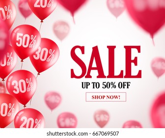 Sale balloons vector background. Flying red balloons with 50 percent off in the background for event and store promotion. Vector illustration.
