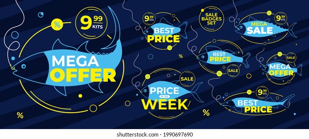 Sale baners set for advertising offers design, online stores, promotions for the sale of fishing tackle for classic and sport fishing. Catch fish badges for sale and discount. 