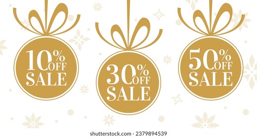 Sale banner with 10, 30, 50 percent price off label, icon or tag. Winter discount balls with bow and ribbon. Christmas holiday promotion card design. Vector illustration.