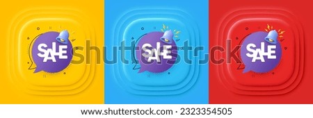Sale banner with 3d bell. Neumorphic offer banner, flyer or poster. Discount offer alert. Coupon badge icon. Sale banner promo event banner. 3d square buttons. Special deal coupon. Vector