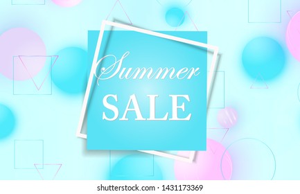Sale banner. 3d geometric shapes. Pink and blue soft spheres. Color background. Fluid pattern. Vector.