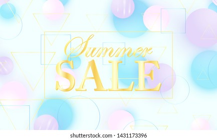 Sale banner. 3d geometric shapes. Pink and blue soft spheres. Color background. Fluid pattern. Vector.