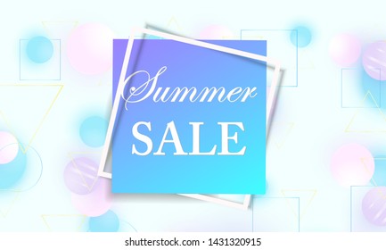 Sale banner. 3d geometric shapes. Pink and blue soft spheres. Color background. Fluid pattern. Vector.