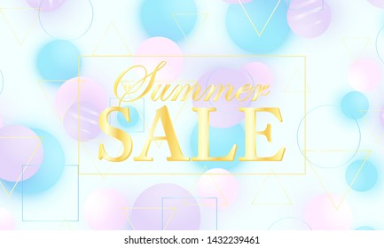 Sale banner. 3d geometric shapes. Pink and blue soft spheres. Color background. Fluid pattern. Vector.