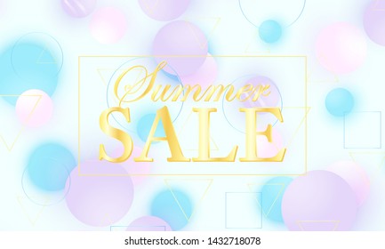 Sale banner. 3d geometric shapes. Pink and blue colors. Golden background. Fluid pattern. Vector.