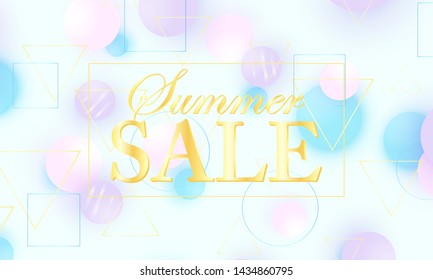 Sale banner. 3d geometric shapes. Pink and blue colors. Golden background. Fluid pattern. Vector.