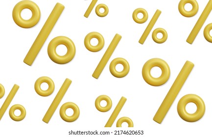 Sale banner with 3d realistic golden percent symbol of random size pattern. Vector illustration