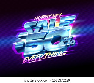 Sale banner -50% off everything, vector poster 80's years style