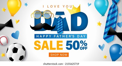 Sale banner up to 50% off, Fathers day template with necktie and mustache. Promotion poster I love you DAD for Happy Father's Day with special offer text. Vector illustration