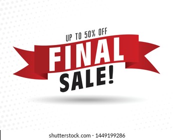 sale banner, up to 50% off. Red ribbon. Vector illustration