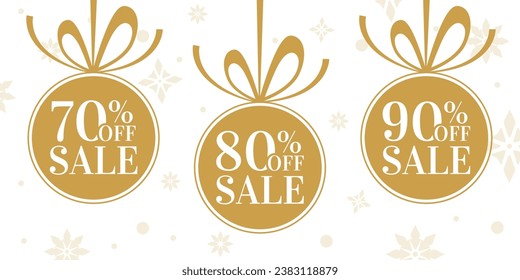 Sale banner with 70, 80, 90 percent price off label, icon or tag. Winter discount balls with bow and ribbon. Christmas holiday promotion card design. Vector illustration.