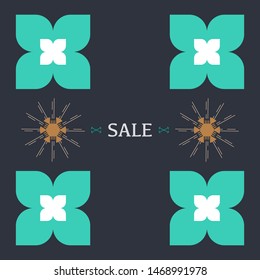 Sale banner with abstract shapes and green floral elements on dark background. Geometric hipster tribal stylish elements. Design for eco, organic, natural products. Good for flyer, invitation, poster.