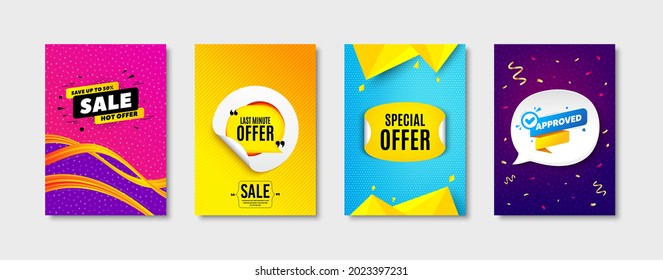 Sale banner, Approved bubble and Last minute offer set. Sticker template layout. Special offer sticker. Discount speech bubble, promo tag. Promotional sale sticker banner. Speech bubble banner. Vector