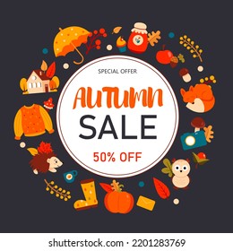 Sale banner with autumn elements. Vector illustration.