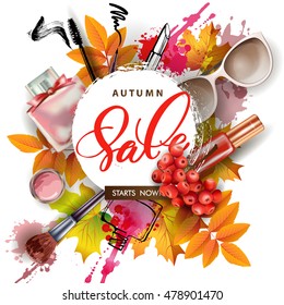 Sale banner with autumn leaves, cosmetics and Rowan berries. Vector Template.
items cosmetics