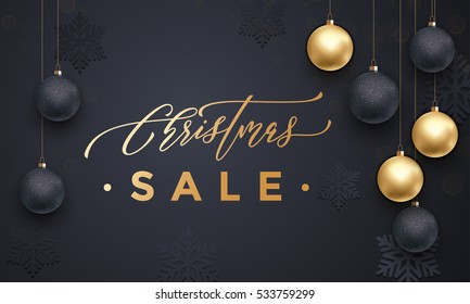 Sale banner background for Christmas shopping sale. Gold glittering text calligraphy with snowflakes pattern. Design with for store or shop promo offer