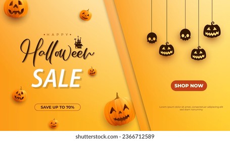 Sale banner background for happy halloween with realistic cute pumpkin monster and ganging halloween elements