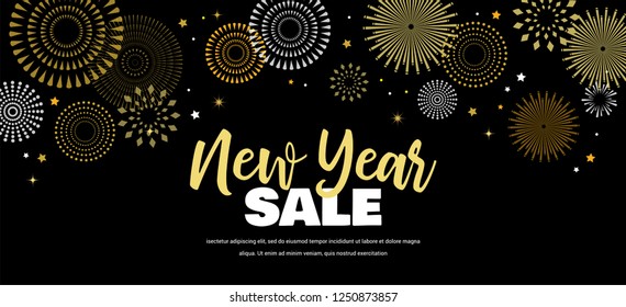 Sale banner background for New Year shopping sale. New year sale on sky full of gold fireworks. Design with for web online store or shop promo offer