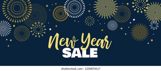 Sale banner background for New Year shopping sale. Happy New year sale lettering on sky full of gold fireworks. Design with for web online store or shop promo offer