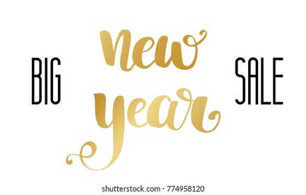 Sale banner background for New Year shopping sale. Gold text brush lettering. Design with for print, web, online store or shop promotional