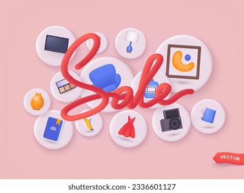 Sale banner. Background with shopping items. Online shopping on application and website concept, digital marketing online. 3D Web Vector Illustration.