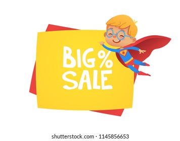 Sale banner background with the suoer hero boy. Price discount promotion poster for kids. Vector