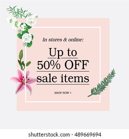 Sale banner background,Thai White Jasmine Flower and lily on blue background ,Vector Illustration