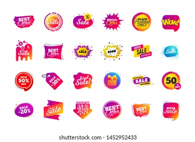 Sale banner badge. Special offer discount tags. Coupon shape templates design. Cyber monday sale discounts. Black friday shopping icons. Best ultimate offer badge. Super discount icons. Vector banners