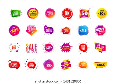Sale banner badge. Special offer discount tags. Coupon shape templates design. Cyber monday sale discounts. Black friday shopping icons. Best ultimate offer badge. Super discount icons. Vector banners