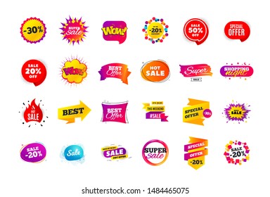 Sale banner badge. Special offer discount tags. Coupon shape templates design. Cyber monday sale discounts. Black friday shopping icons. Best ultimate offer badge. Super discount icons. Vector banners