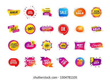 Sale banner badge. Special offer discount tags. Coupon shape templates design. Cyber monday sale discounts. Black friday shopping icons. Best ultimate offer badge. Super discount icons. Vector banners