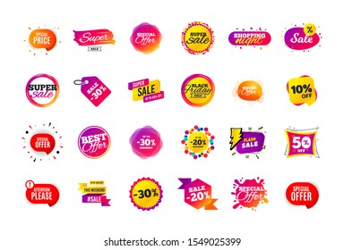 Sale banner badge. Special offer discount tags. Coupon shape templates design. Cyber monday sale discounts. Black friday shopping icons. Best ultimate offer badge. Super discount icons. Vector banners