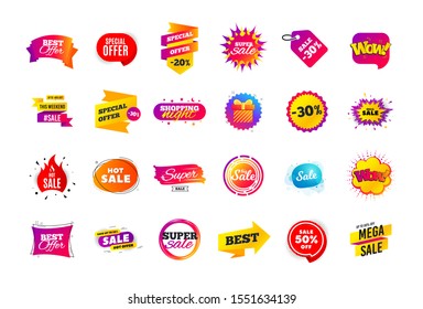 Sale banner badge. Special offer discount tags. Coupon shape templates design. Cyber monday sale discounts. Black friday shopping icons. Best ultimate offer badge. Super discount icons. Vector banners