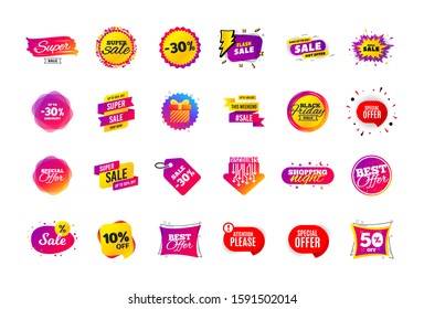 Sale banner badge. Special offer discount tags. Coupon shape templates design. Cyber monday sale discounts. Black friday shopping icons. Best ultimate offer badge. Super discount icons. Vector banners