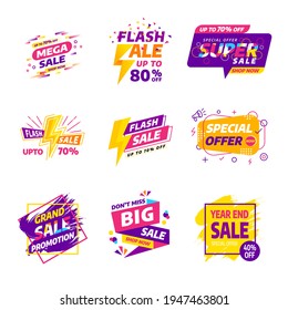 Sale banner badges design template vector set. Various style colorful concepts,year end,summer,flash,grand sale promotion