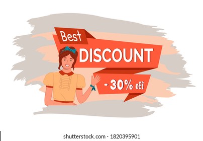 Sale banner with beautiful woman makes a welcome gesture with her hand. Discount poster template. Big sale special offer. End of season special proposition banner vector illustration flat style