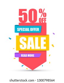 Sale banner. Best offer. Red arrow with 50% discount. Vector illustration