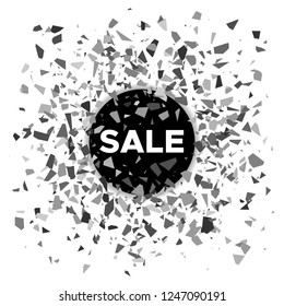 Sale banner. Black ball with the inscription sale and scattering fragments around. Vector illustration