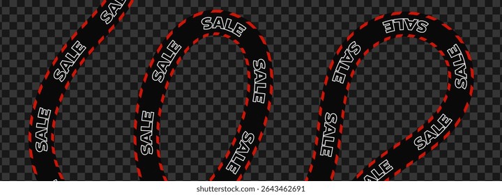 Sale banner with black curved tape on transparent background. Ideal for ecommerce ads, shopping promos, discount campaigns, price offers, online retail banners. Vector illustration.