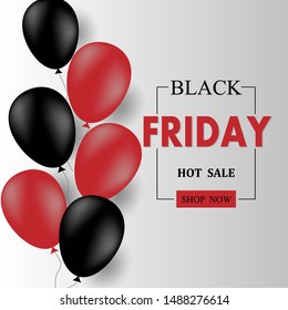 Sale banner for Black Friday. Flying black and red balloons. Lettering in frame.  Seasonal shopping. Vector illustration. EPS 10