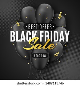 Sale banner for Black Friday. Flying confetti and serpentine. Black balloons. Lettering. Dark background and halftone effect. Seasonal shopping. Vector illustration. EPS 10