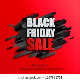 Sale banner for black friday on dynamic red background. Perfect template for flyers, discount cards, web, posters, ad, promotions, blogs, social media, marketing. Vector illustration.