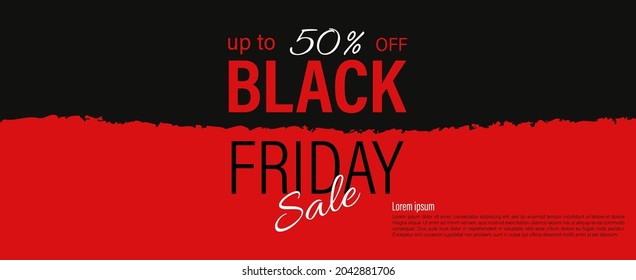 Sale banner Black Friday. Text on red and black background. Vector illustration. Up to 50% off. For web and printing on leaflets, posters.